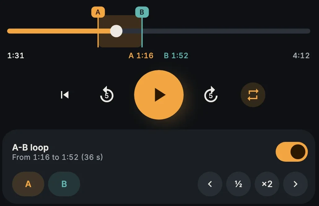 The timeline with markers A and B, and the loop controls