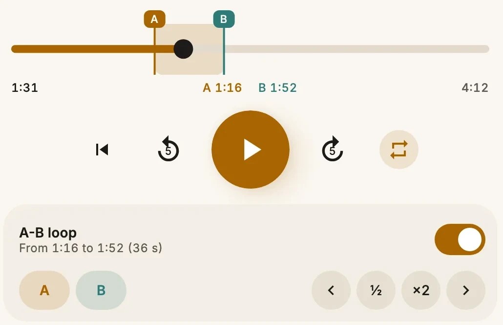 The timeline with markers A and B, and the loop controls