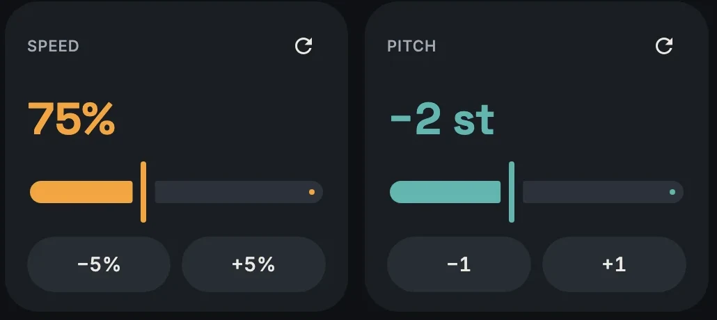 Speed at 75% and pitch at minus 2 semitones, each with a slider and step buttons