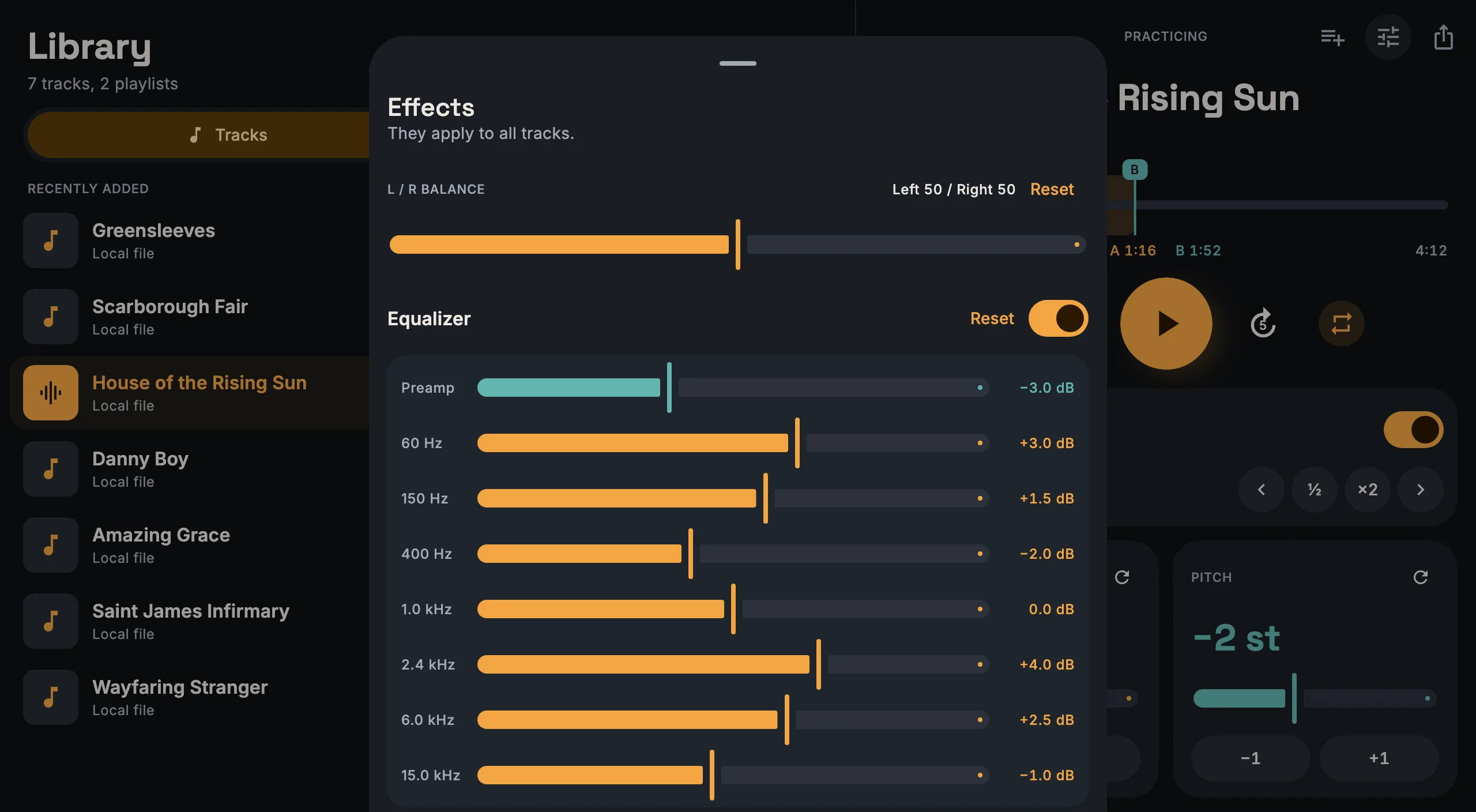 The effects panel with balance, preamp and equalizer